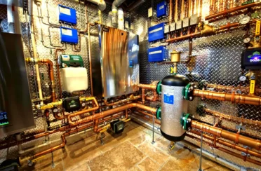 High-efficiency IBC boiler installation with copper piping and Caleffi hydronic separator in a Calgary mechanical room by Arpi's heating and plumbing