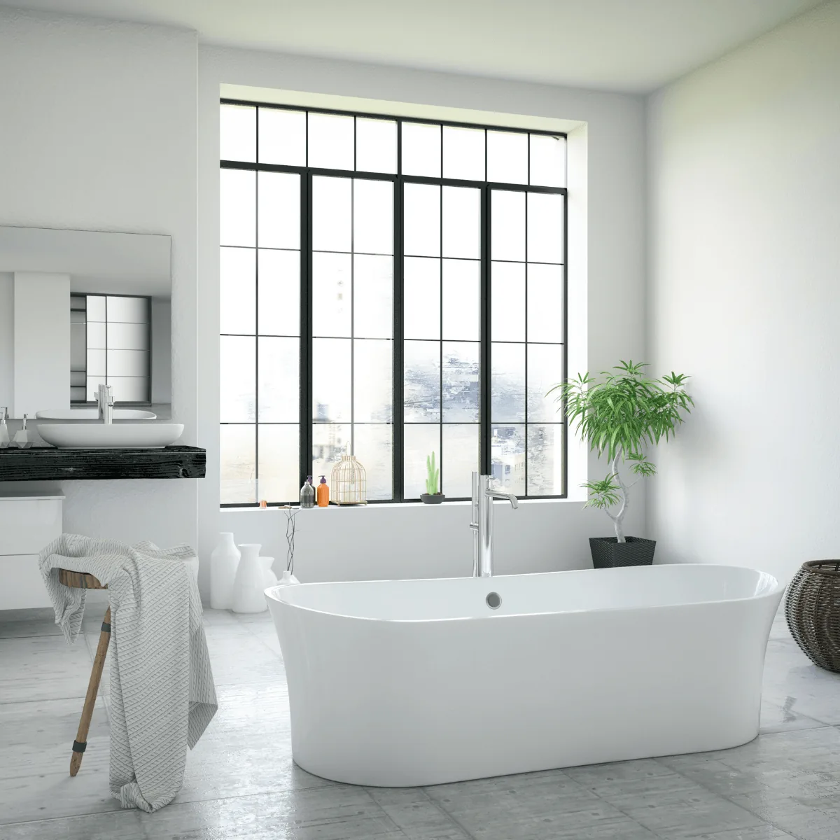 Modern bathroom with freestanding tub warmed by radiant floor heating from Arpi's in Calgary