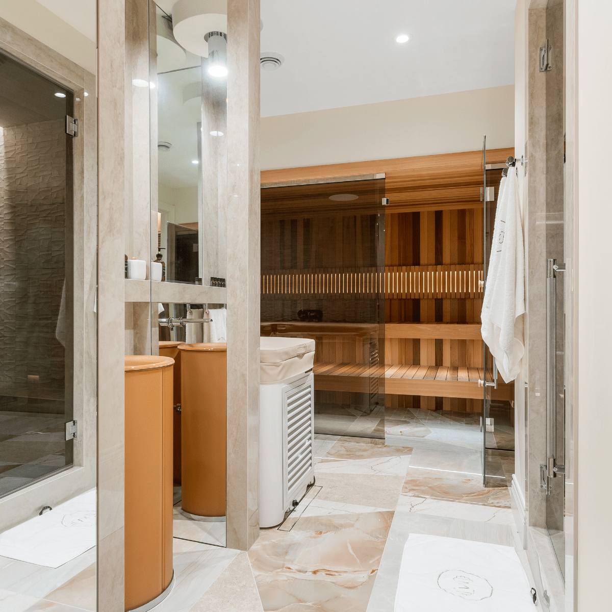 Custom Calgary bathroom with sauna and shower using a tankless water heater installed by Arpi's.