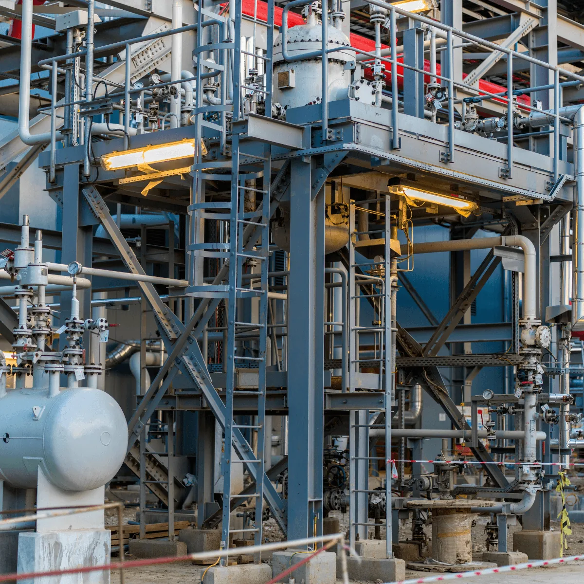 Industrial mechanical plant with steel piping, pressure vessels and process equipment serviced by Arpi's commercial team in Calgary