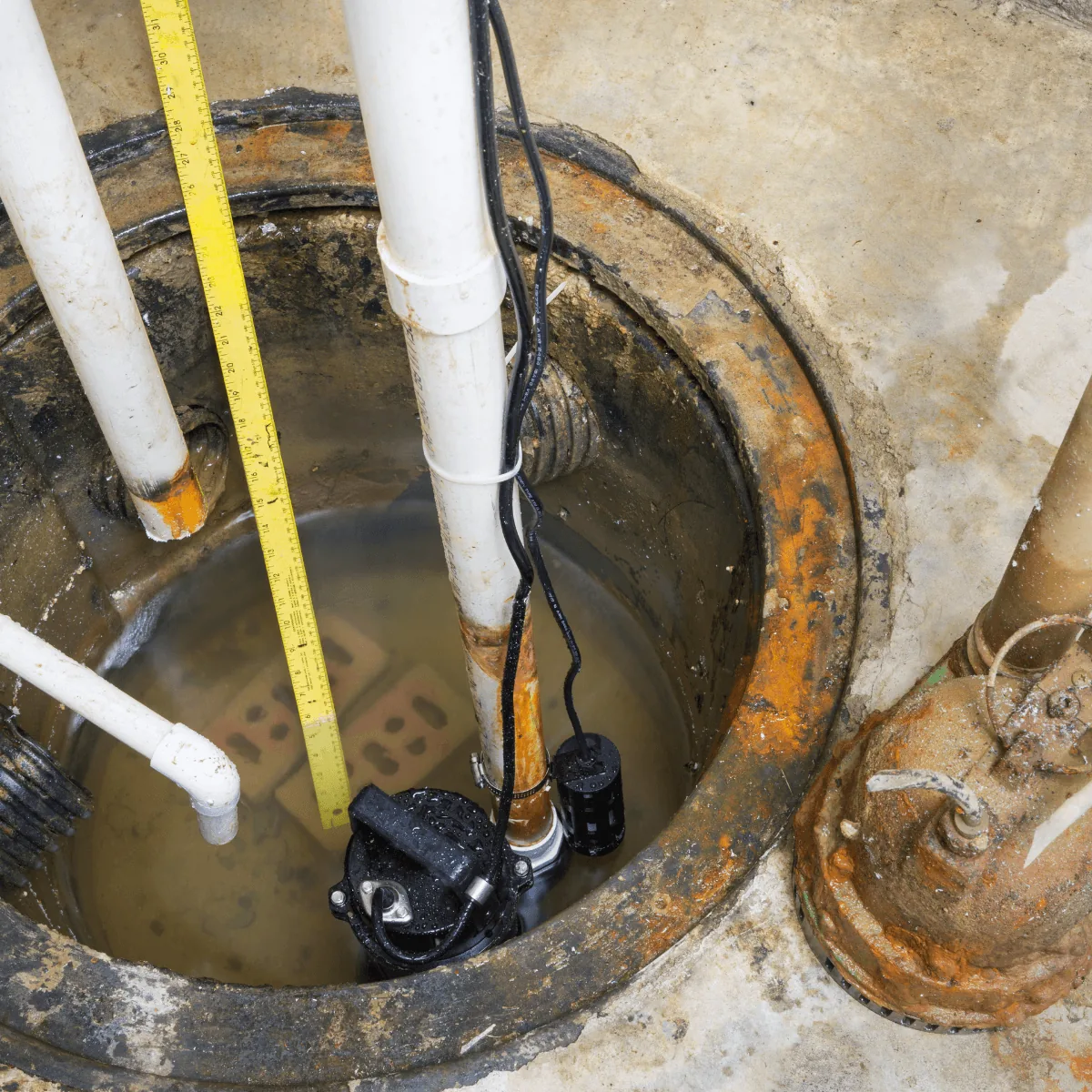 Sump pump in a basement pit being inspected and measured during an emergency plumbing service by Arpi's in Calgary